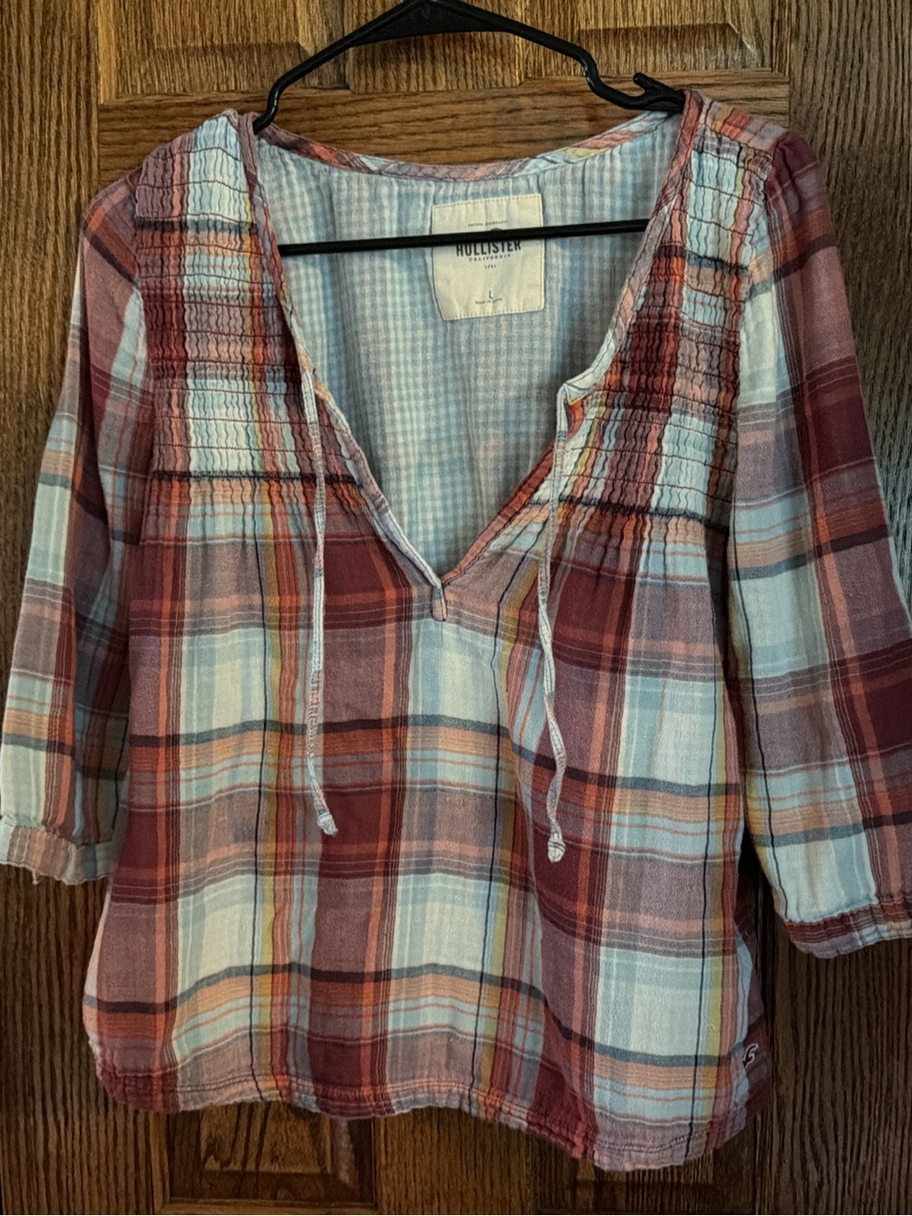 Hollister Plaid Peasant Tunic in Red and White